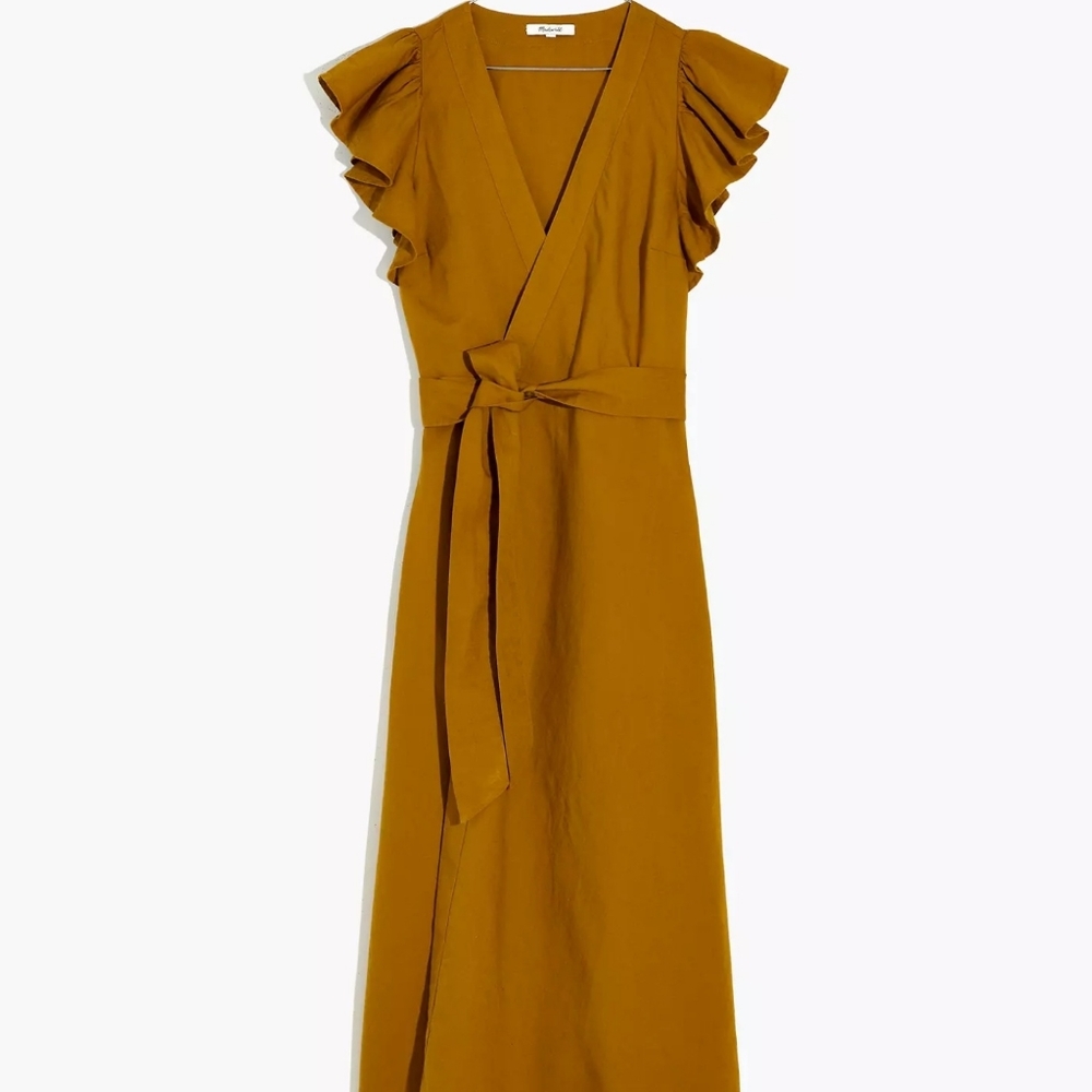 Madewell Linen-Blend Ruffle-Sleeve Wrap Midi Dress